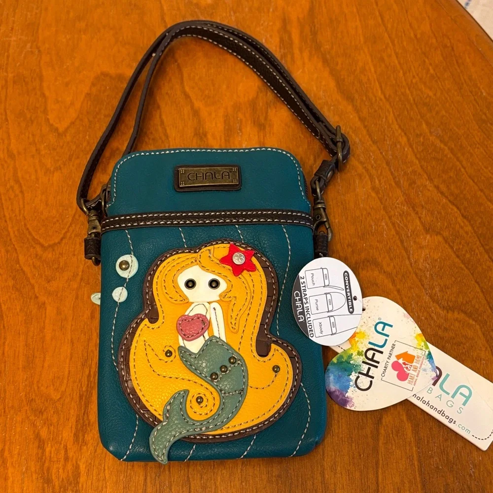 Chala Teal and Brown Crossbody with Mermaid Patch - Picture 5 of 7